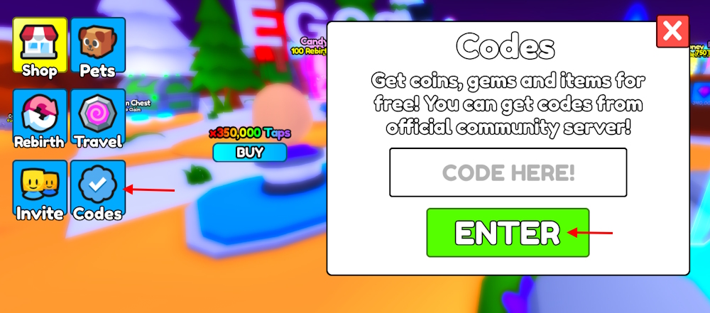 Clicking Universe codes redeem section