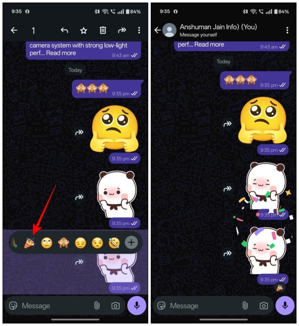 Screenshots of the new Confetti reactions feature on WhatsApp released in December 2024