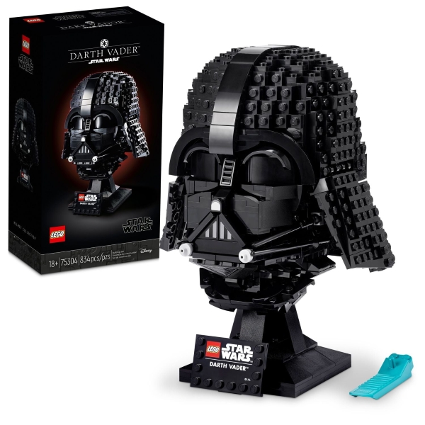 Darth Vader Helmet LEGO set with packaging and stand