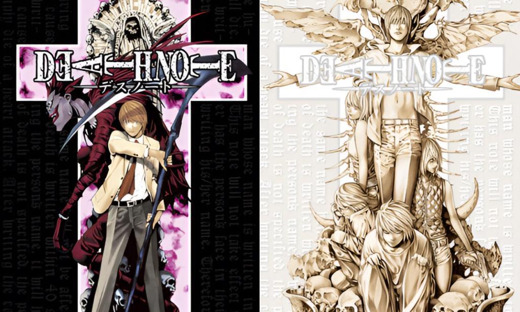 Light, Ryuk, and L in the first and final covers of Death Note