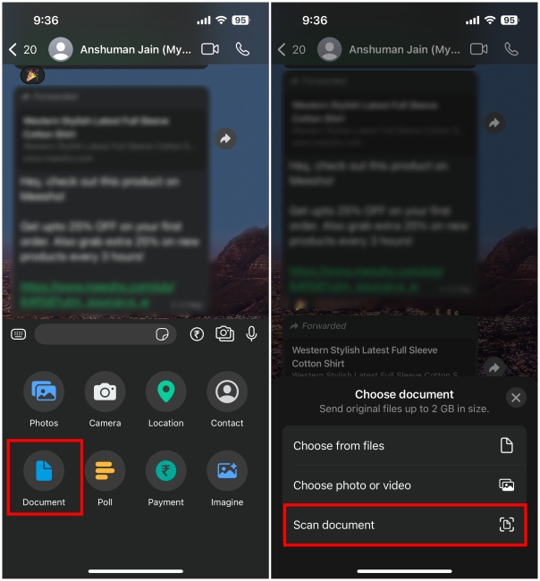 Screenshots of the new Document scanner feature on WhatsApp released in December 2024