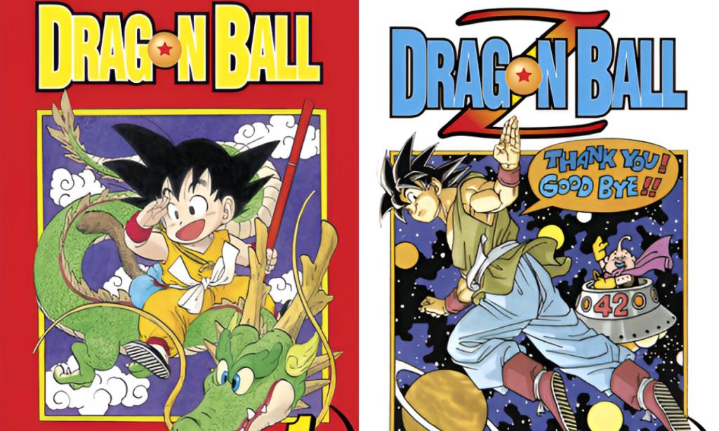 Kid Goku riding a dragon in the first cover and Goku bidding goodbye in the final cover of Dragon Ball Z