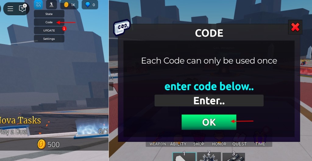 Duel Warriors codes redeem option