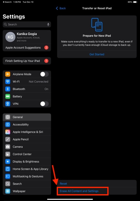 Erase All Content and Settings on iPad