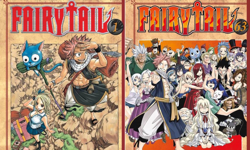 Natsu Dragneel and his friends in the first and final volume cover of Fairy Tail series.