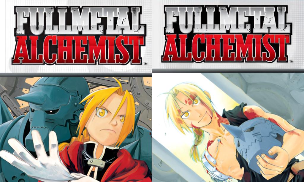 The Elric Brothers in the first and final covers of Fullmetal Alchemist.