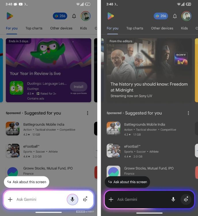 New Gemini overlays on top of the Google Play Store screen in dark and light modes, similar to Apple Intelligence animation on iPhones