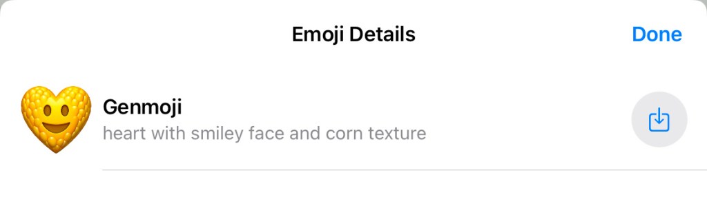 Genmoji of a heart smiley face with corn texture