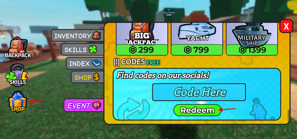 Go Fishing codes redeem section