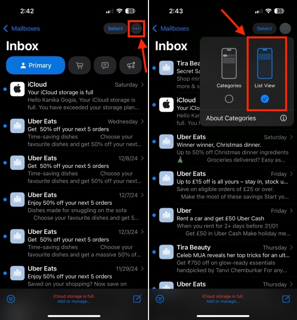 How to disable Mail categories in iOS 18.2