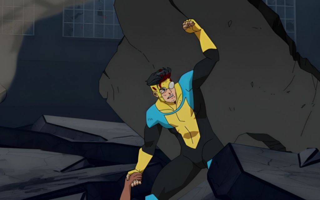 Invincible trying to save someone from rubble