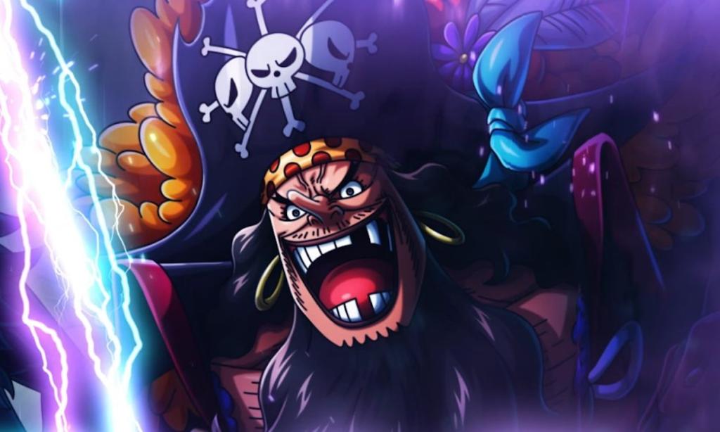 Blackbeard laughing while using his devil fruit powers in a poster.