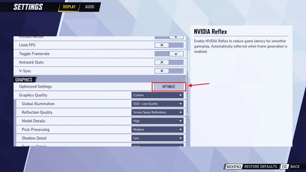 Marvel Rivals graphics optimized settings option