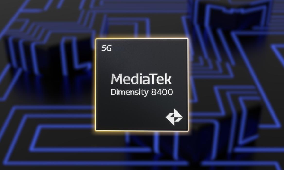 product image of Mediatek Dimensity 8400 placed in front of a black background with blurred blue lines