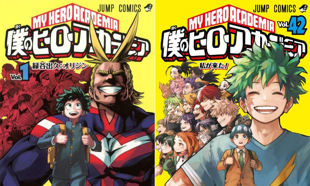 All Might, Deku, and many other superheroes in the first and final covers of MHA.