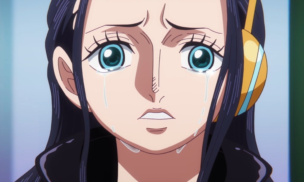 Nico Robin in tears after finding out Jaguar D. Saul is still alive in One Piece.