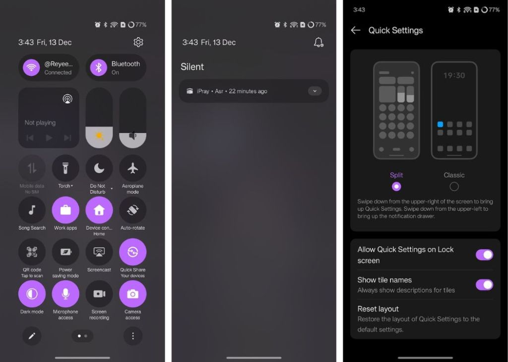 OxygenOS 15 purple quick settings icons with settings page