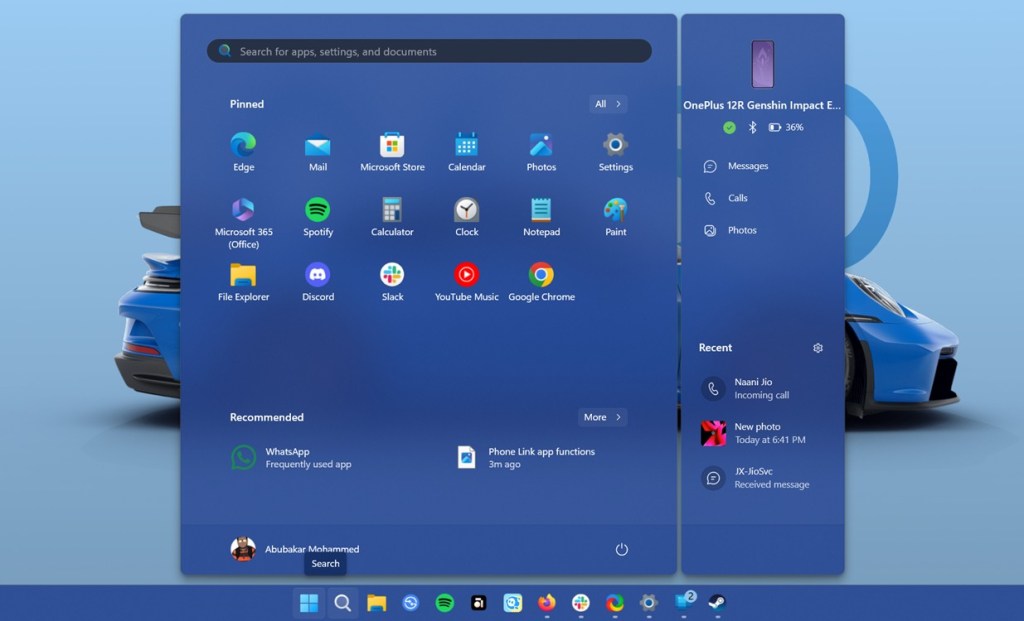 Phone Link Integration in Start menu with blue background