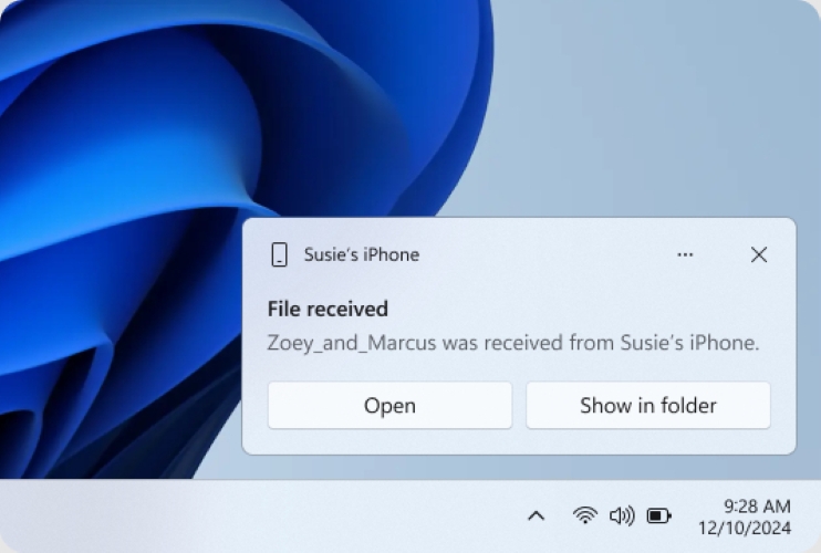 Windows 11 notification with file received prompt and two buttons