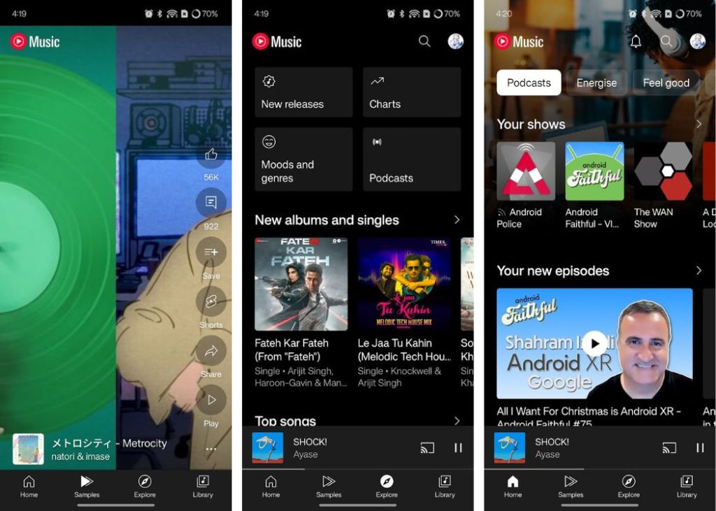 YouTube Music Podcasts filter, Discover tab, and Samples feature