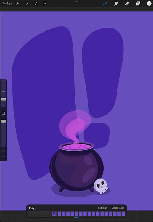 Screenshot of the Procreate iPad app's main drawing interface with an open animated drawing