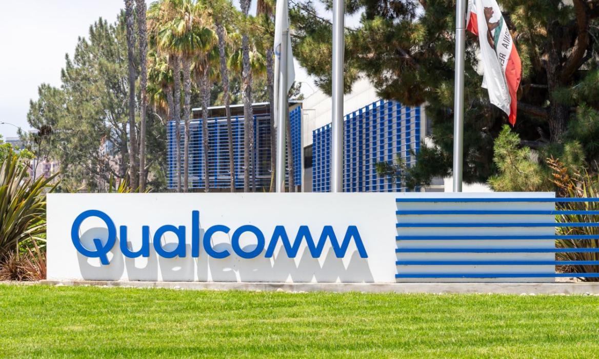 Qualcomm logo in front of Qualcomm headquarters in San Diego, California