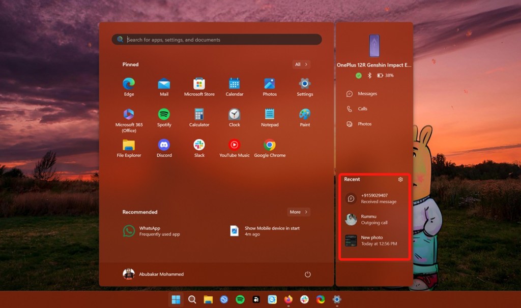 Phone link companion windows 11 in start menu