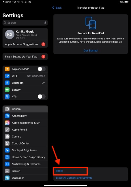 Reset iPad option in Settings