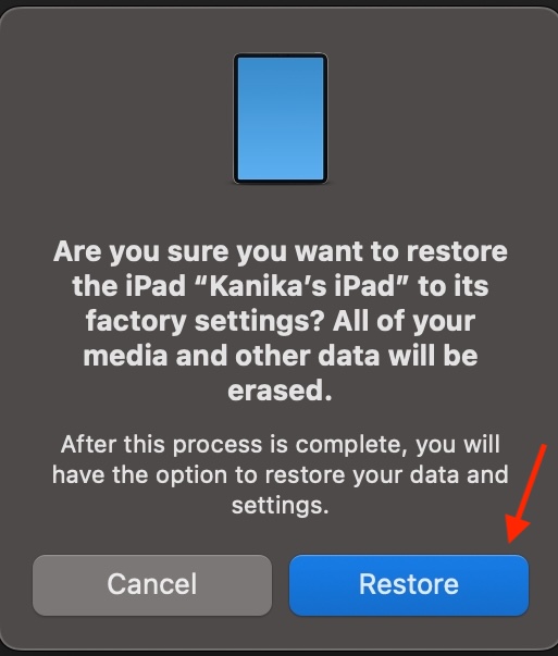 Restore iPad to factory settings using computer