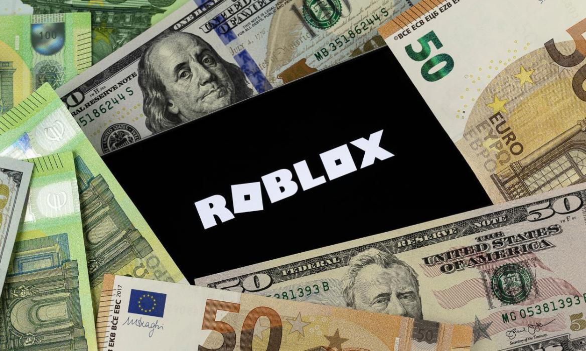 Roblox logo in the middle surrounded by various currency notes