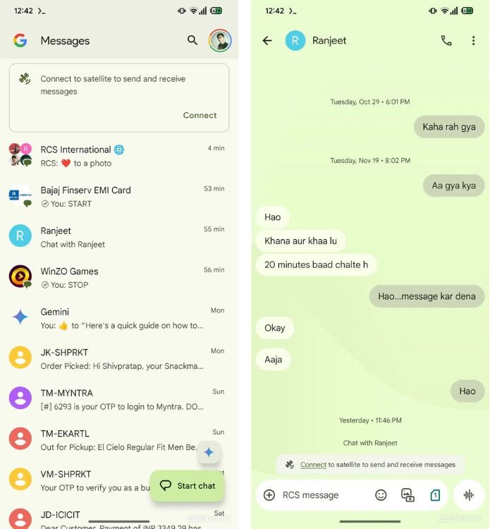 Screenshots of Google Messages on Android with Satellite Messaging