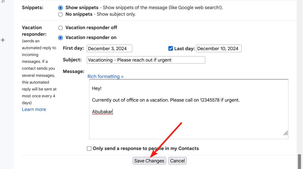 Save changes button in vacation responder settings