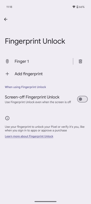 Fingerprint unlock page with Screen off fingerprint unlock toggle