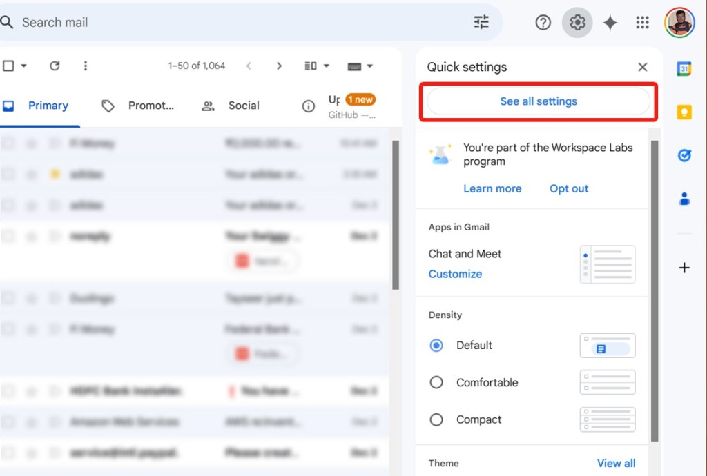 Gmail see all settings options in settings cog