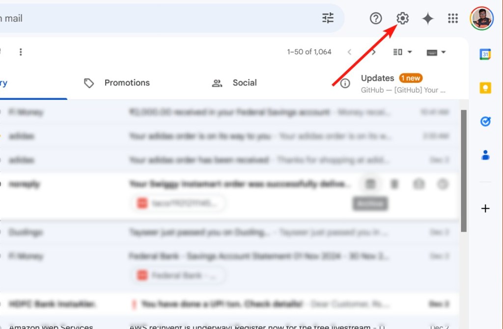 Gmail settings cog on inbox page