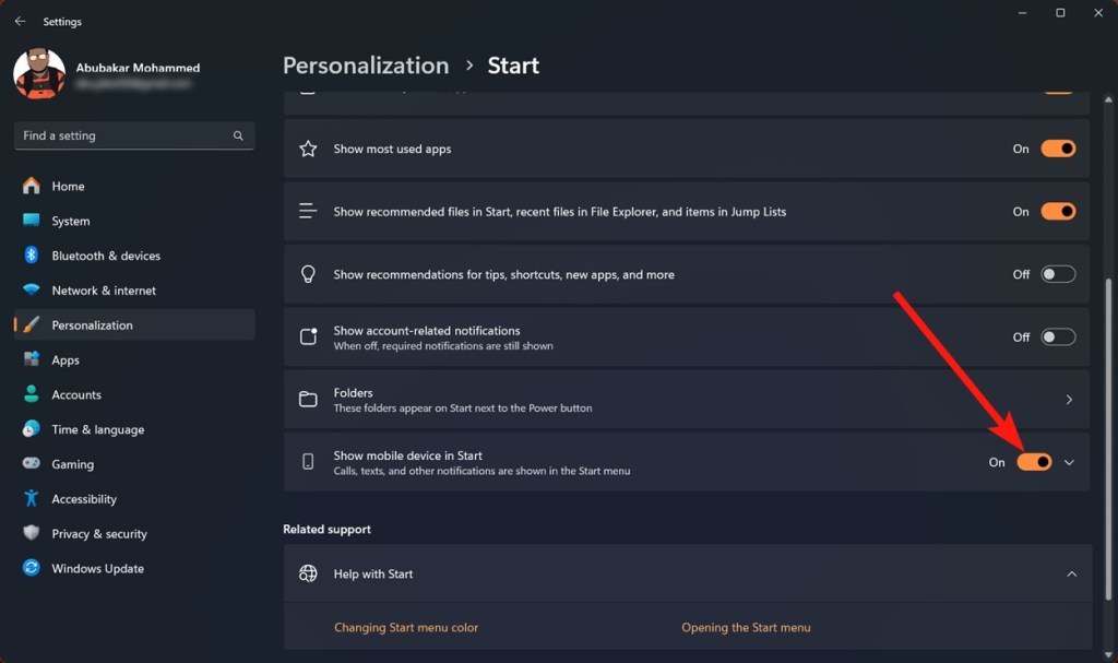 show mobile device in start toggle in Windows settings personalization section