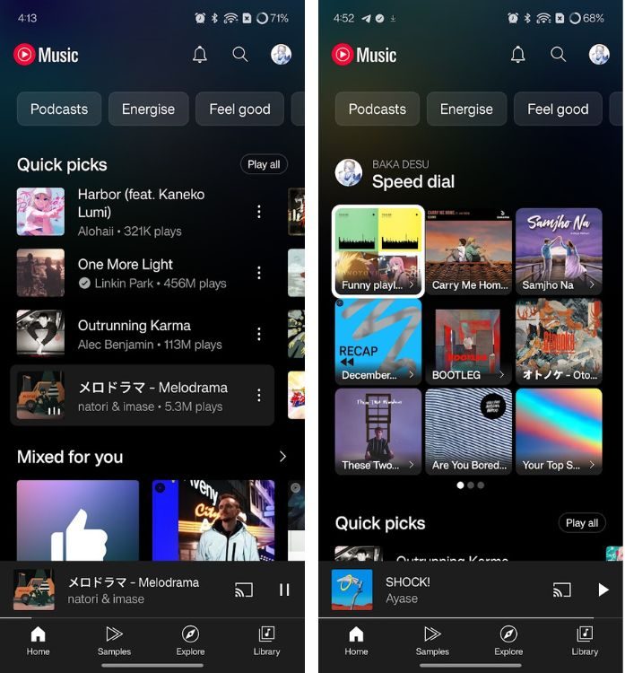 YouTube Music Home Screen Speed Dial and Quick Picks menus