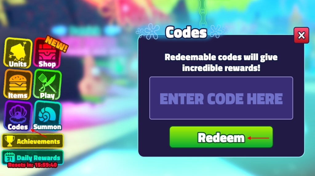 SpongeBob Tower Defense codes redeem option