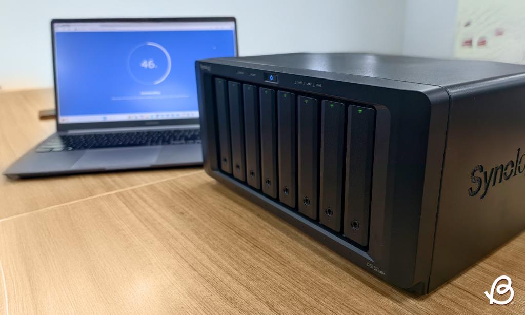 Synology DS1823xs+ being set up with a laptop