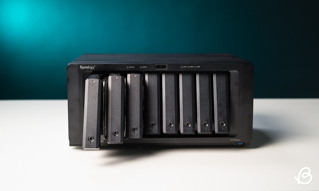 Synology DS1823xs+ with three disk bays open partially