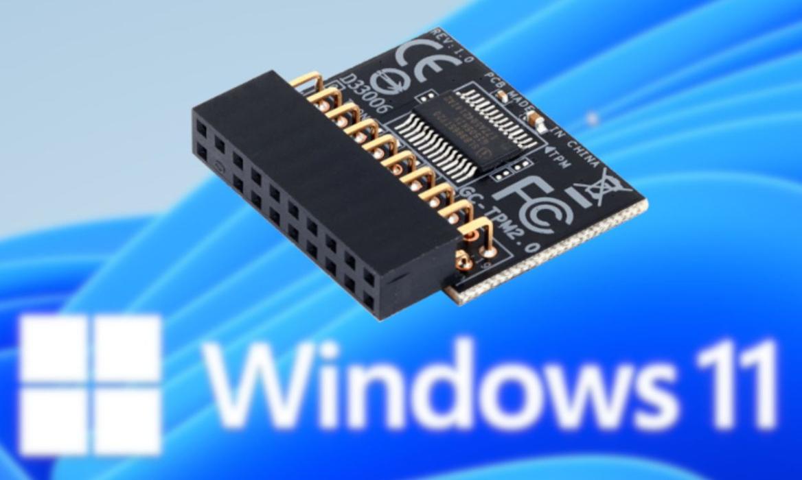 TPM 2.0 chip with Windows 11 wallpaper and text in the background