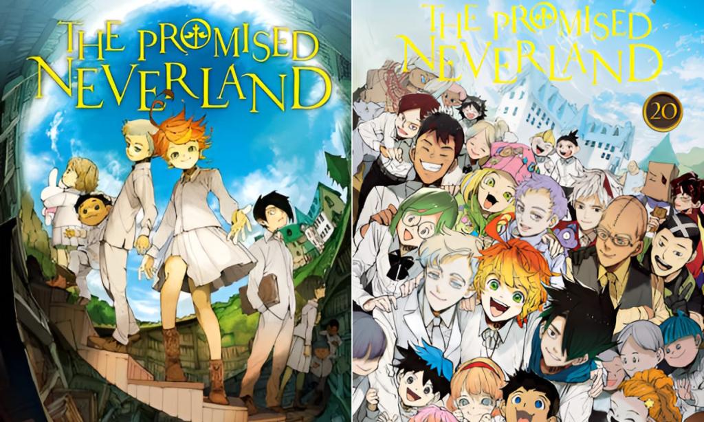 Ray, Norman, Emma, and the Orphans in The Promised Neverland covers