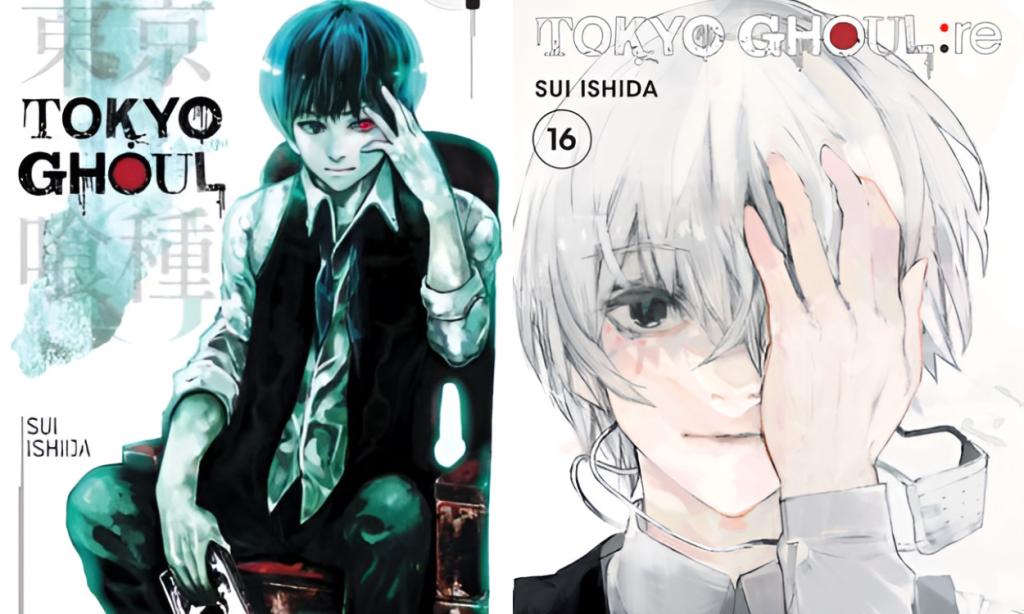 Ken Kaneki in first cover  and Haise Sasaki in the final volume cover of Tokyo Ghoul series.