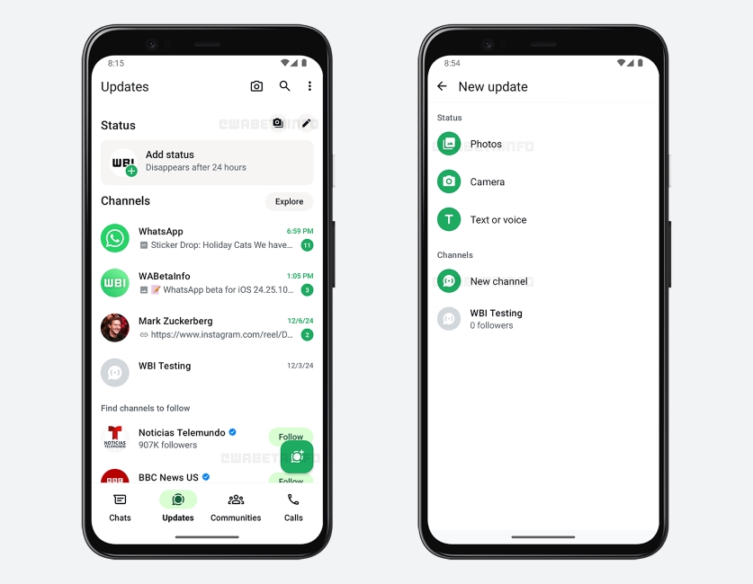 Unified WhatsApp Status and Channels Layout