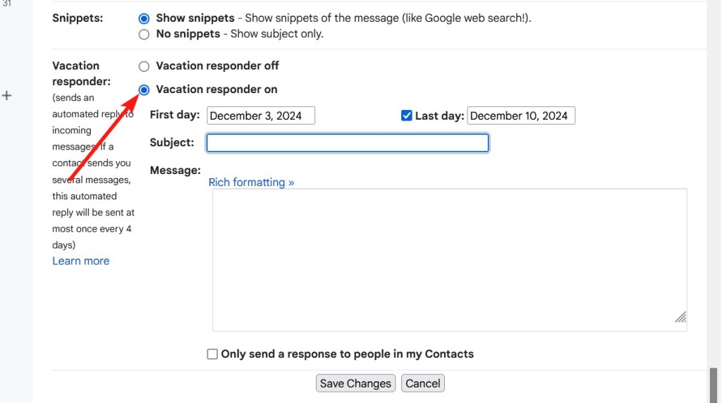 Gmail Vacation responder radio button