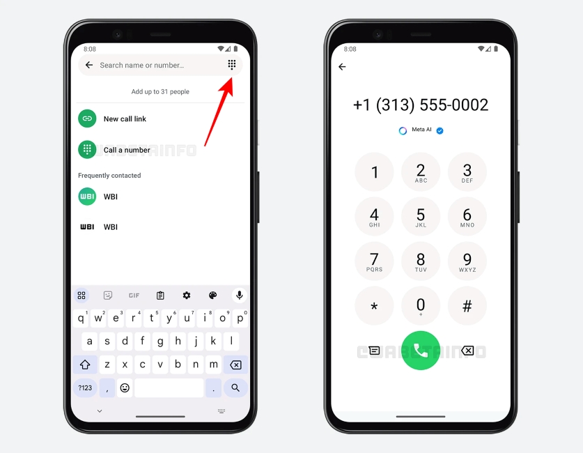 Screenshots of the new New Dial pad feature on WhatsApp being tested on Android in December 2024