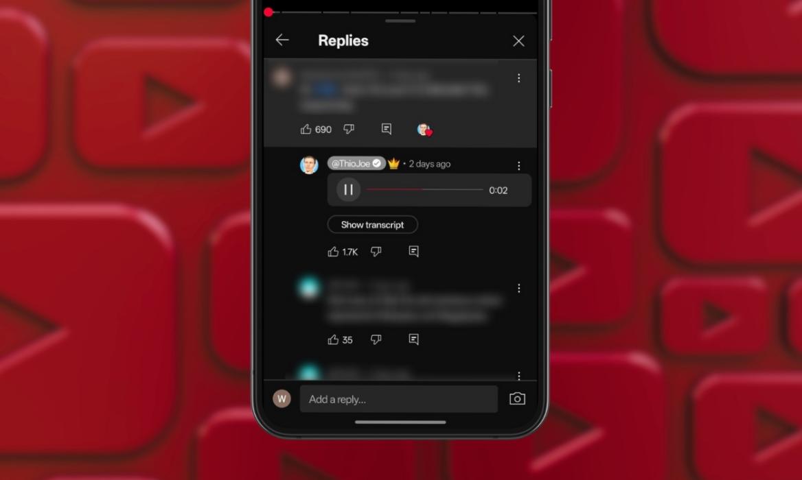 phone with youtube video playing showing a preview of Voice replies as a comment