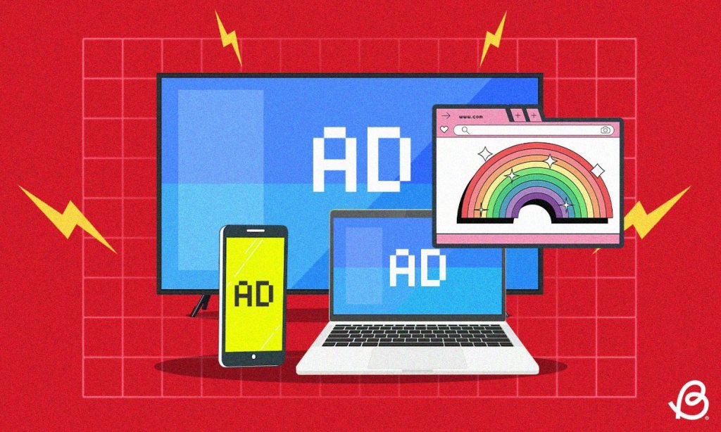 Illustration showing ads during streaming across phone, TV, laptop