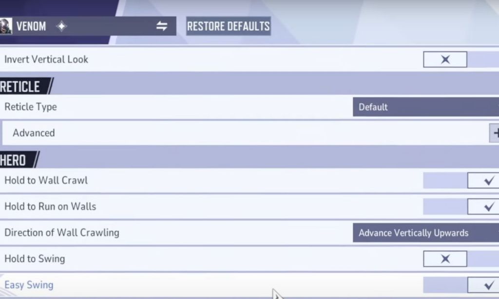easy swing settings in marvel rivals