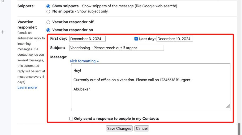 Gmail settings with Vacation responder subject and body